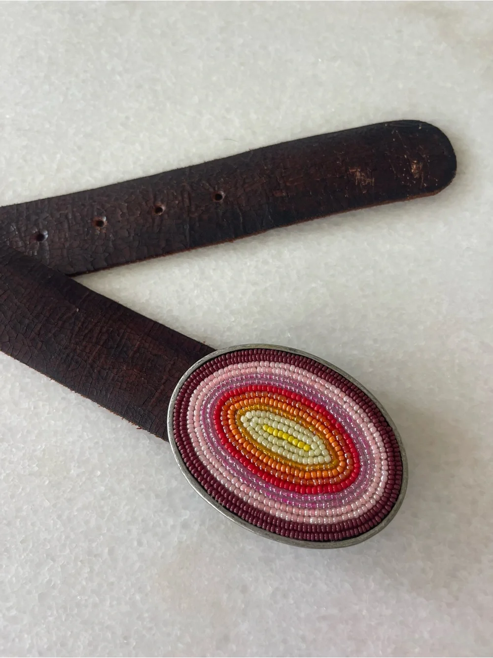 Distressed Brown Leather Belt Seed Bead Multicolored Buckle Boho Festival XL